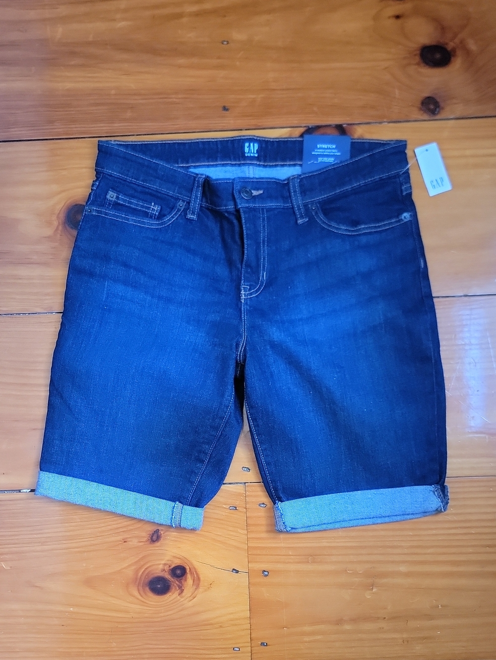 GAP Dark Blue Rolled Hem Denim Shorts, Medium Stretch Fabrick